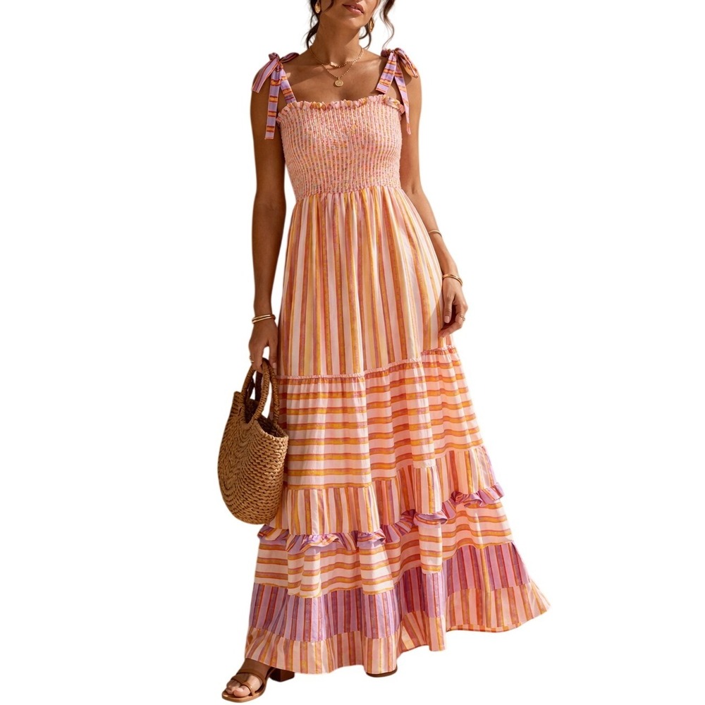 Dolan Left‎ Coast Pink Yellow Striped Smocked Tiered Maxi Dress XS Tie Shoulder